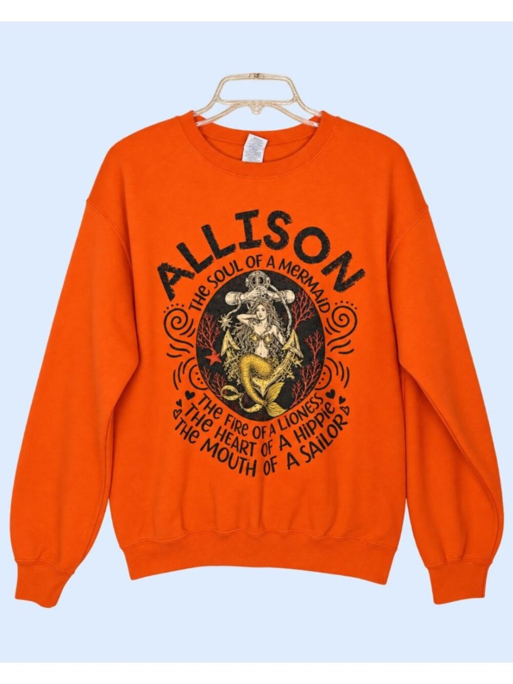 GILDAN Heavy Blend long sleeve Orange Black ALLISON Mermaid Sweatshirt Size M